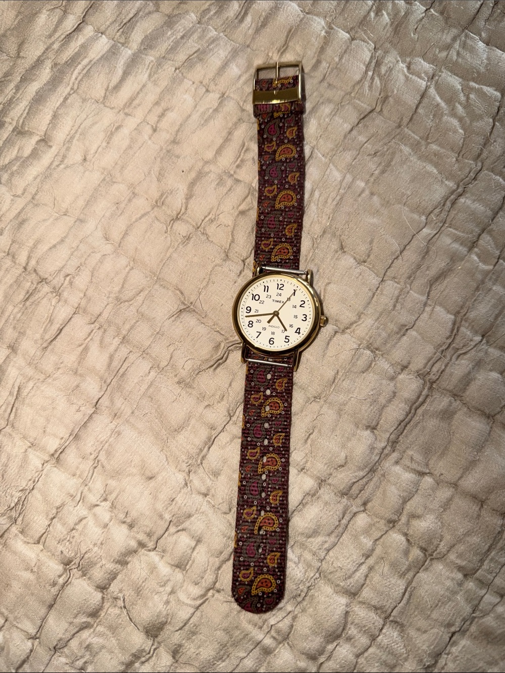 Timex Men's Watch with Burgundy Paisley Fabric Strap and Gold Case needs battery